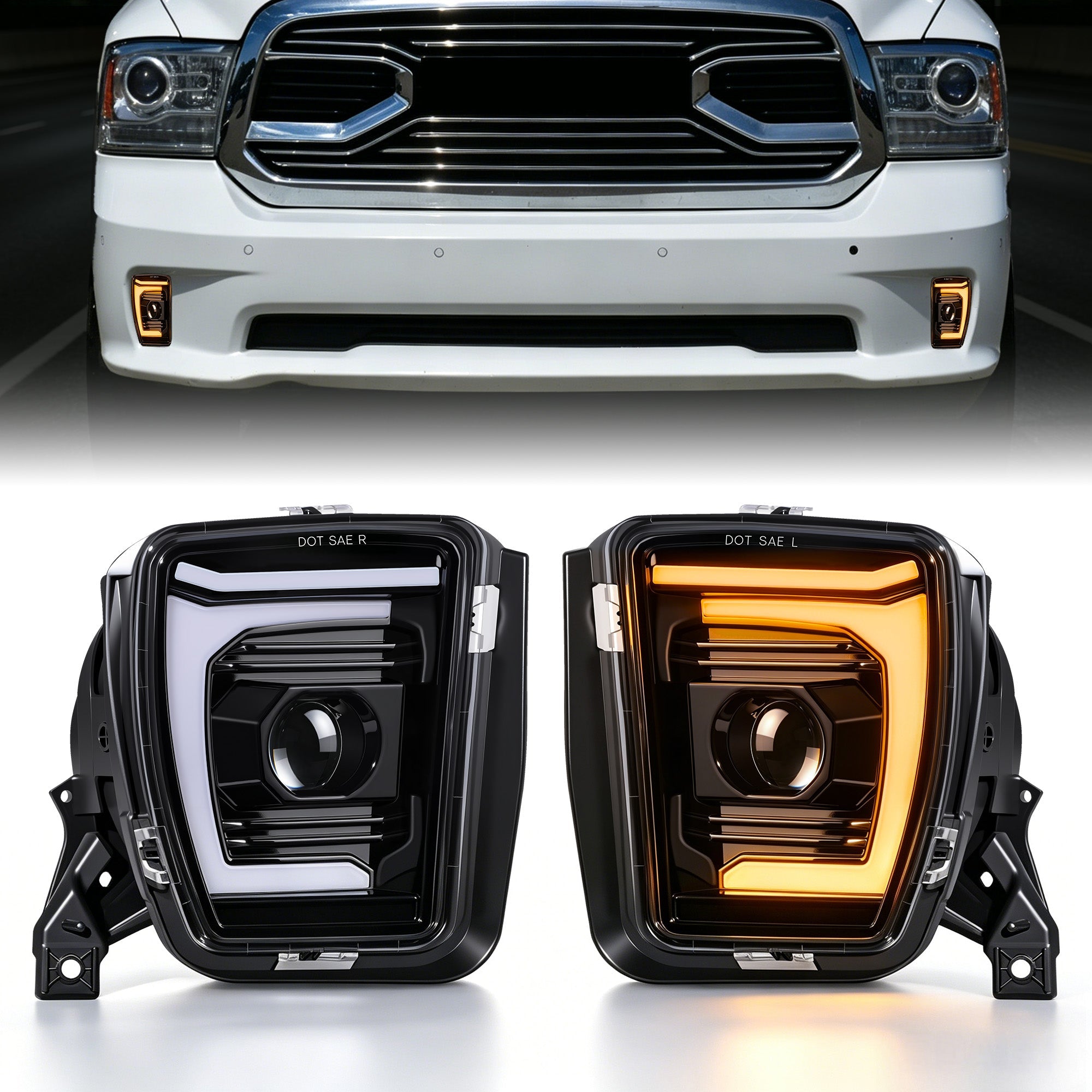 DOT Approved Sequential LED Fog Lights with Startup Animation for 2013-2018 Ram 1500 Clear Lens IP67 Waterproof Plug & Play 1 Pair