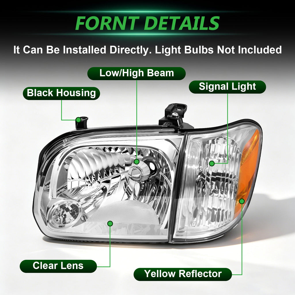 Halogen Headlight Assembly with Amber Reflector for 2005-2006 Toyota Tundra & 2005-2007 Sequoia 1 Pair Direct Fit