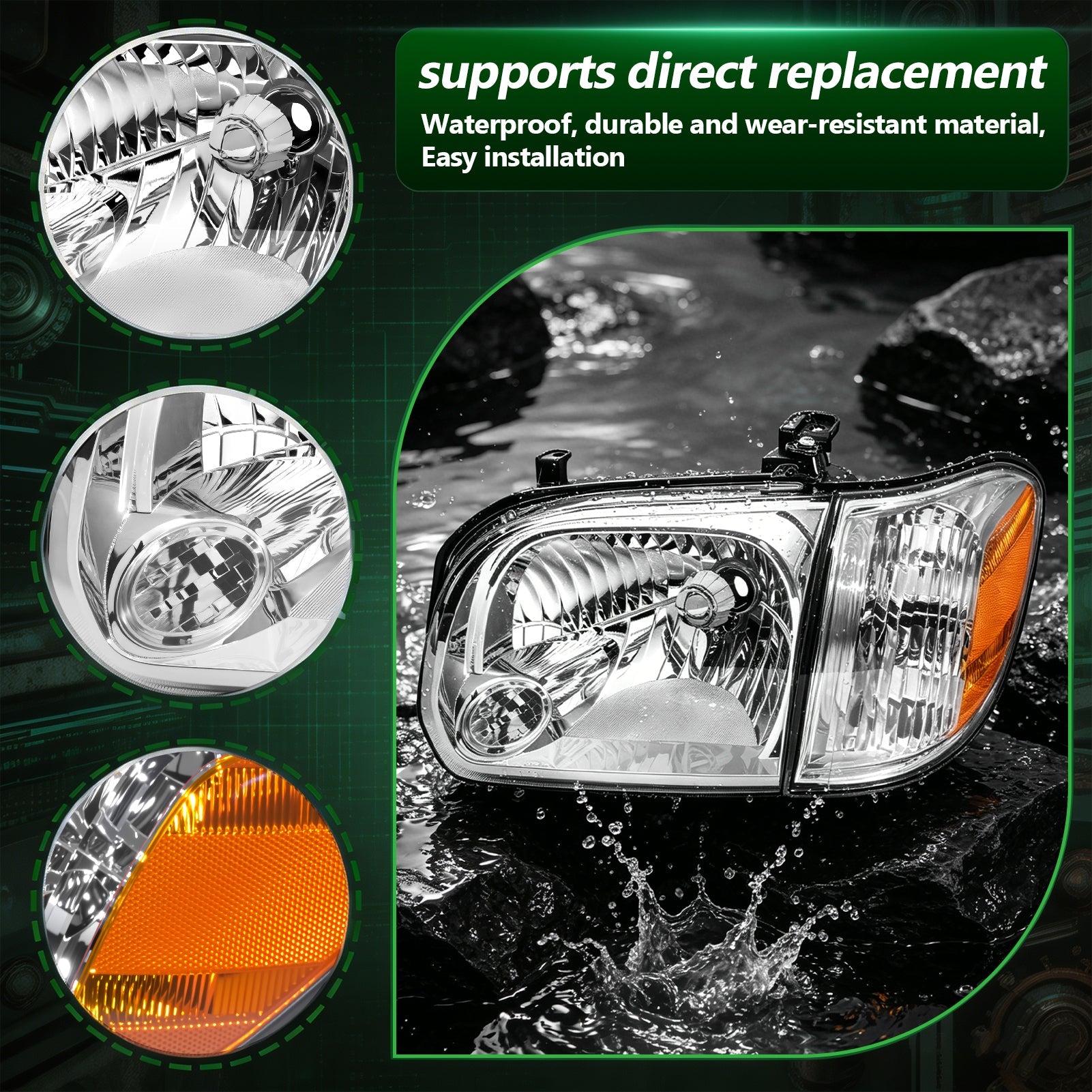 Halogen Headlight Assembly with Amber Reflector for 2005-2006 Toyota Tundra & 2005-2007 Sequoia 1 Pair Direct Fit