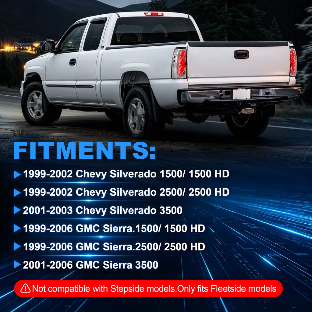 Sequential LED Tail Lights with Startup Animation for 1999-2006 GMC Sierra & 1999-2002 Chevy Silverado Clear Lens Plug & Play