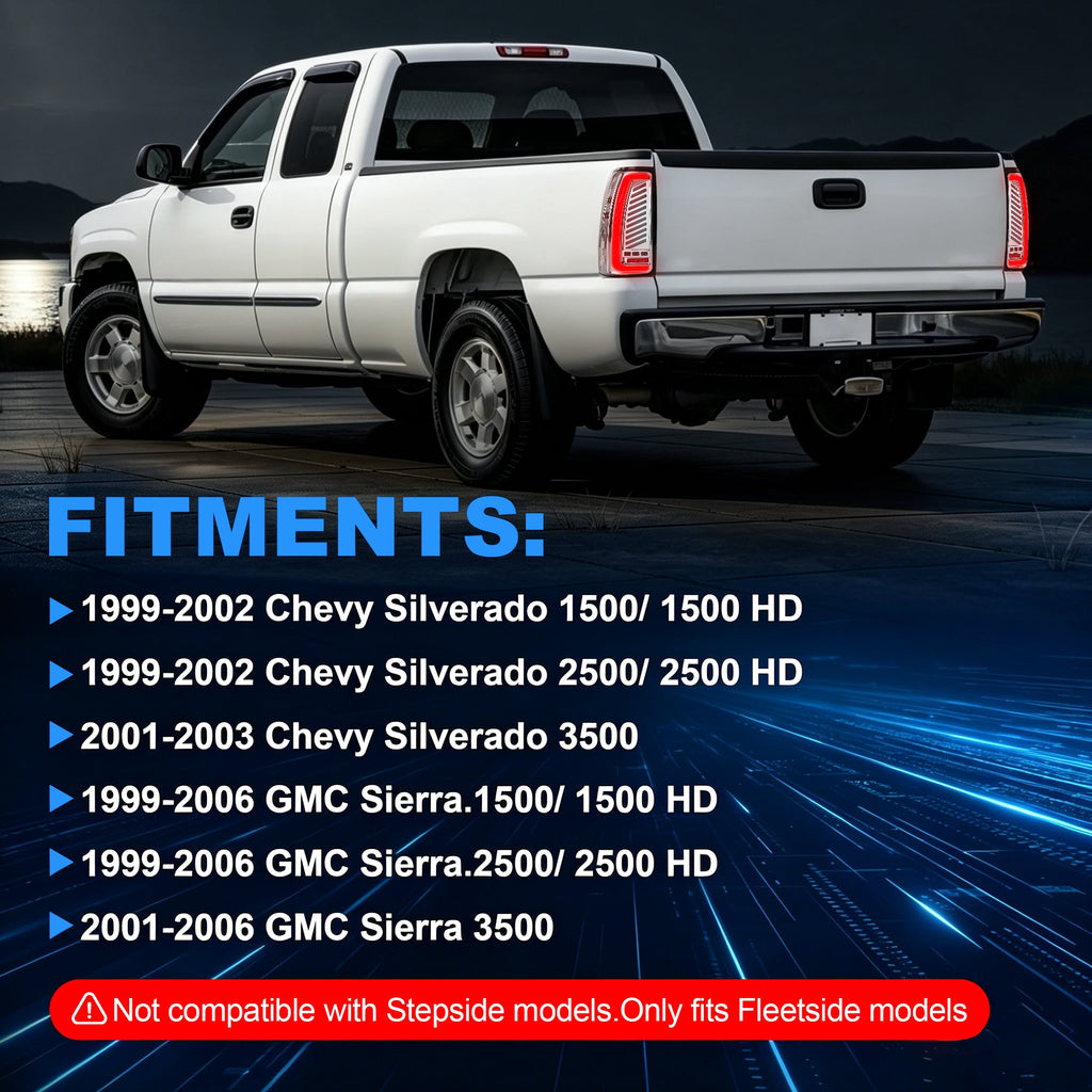 Sequential LED Tail Lights with Startup Animation for 1999-2006 GMC Sierra & 1999-2002 Chevy Silverado Clear Lens Plug & Play