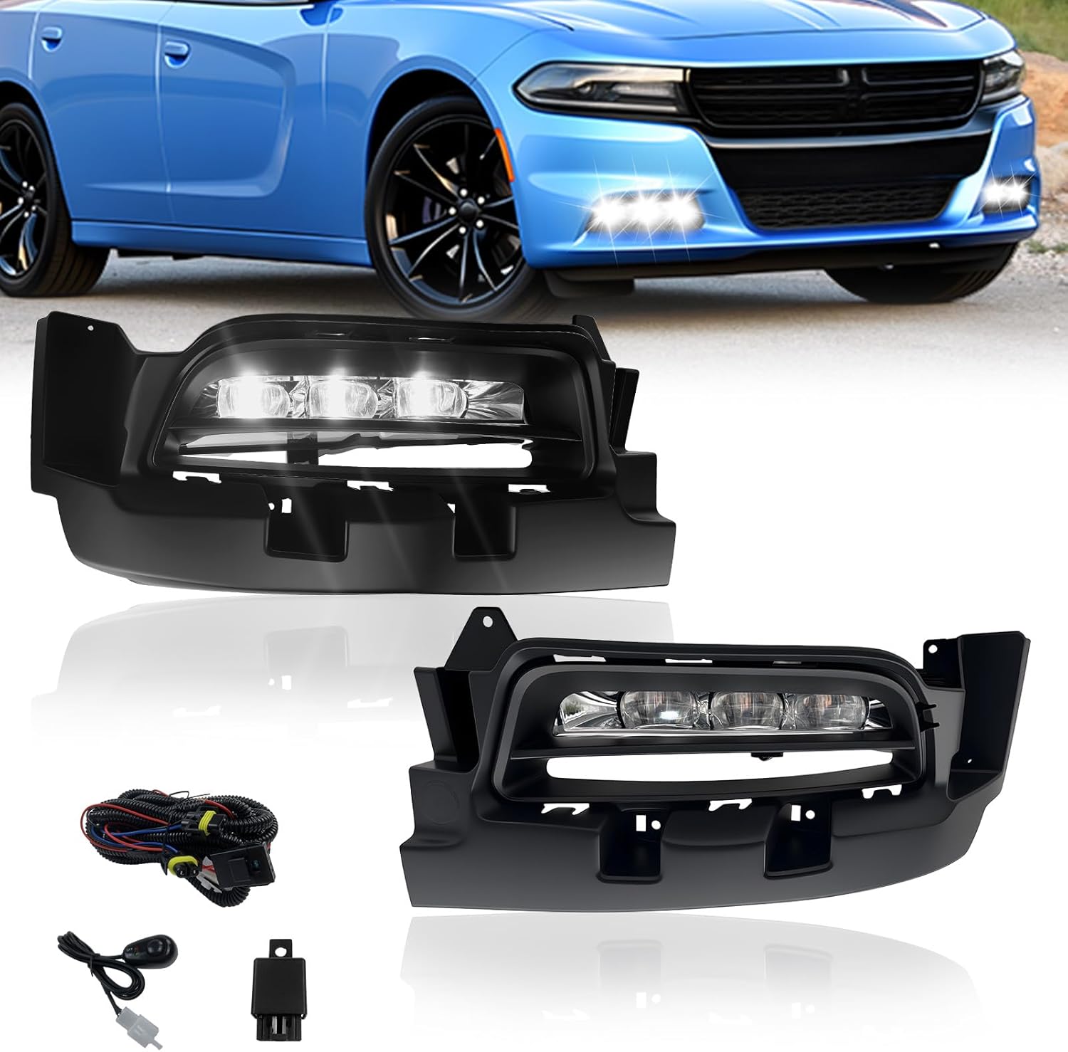 OKSIWA LED Fog Lights Assembly Compatible With 2015 2016 2017 2018 2019 2020 Dodge Charger Front Bumper Driving Fog Lamp Fog Light Kits