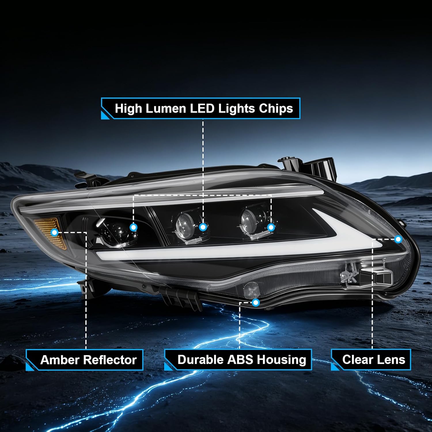 LED Projector Headlights with Startup Animation & Sequential Turn Signal for 2011-2013 Toyota Corolla DRL High Low Beam Clear Lens Waterproof Plug & Play 1 Pair