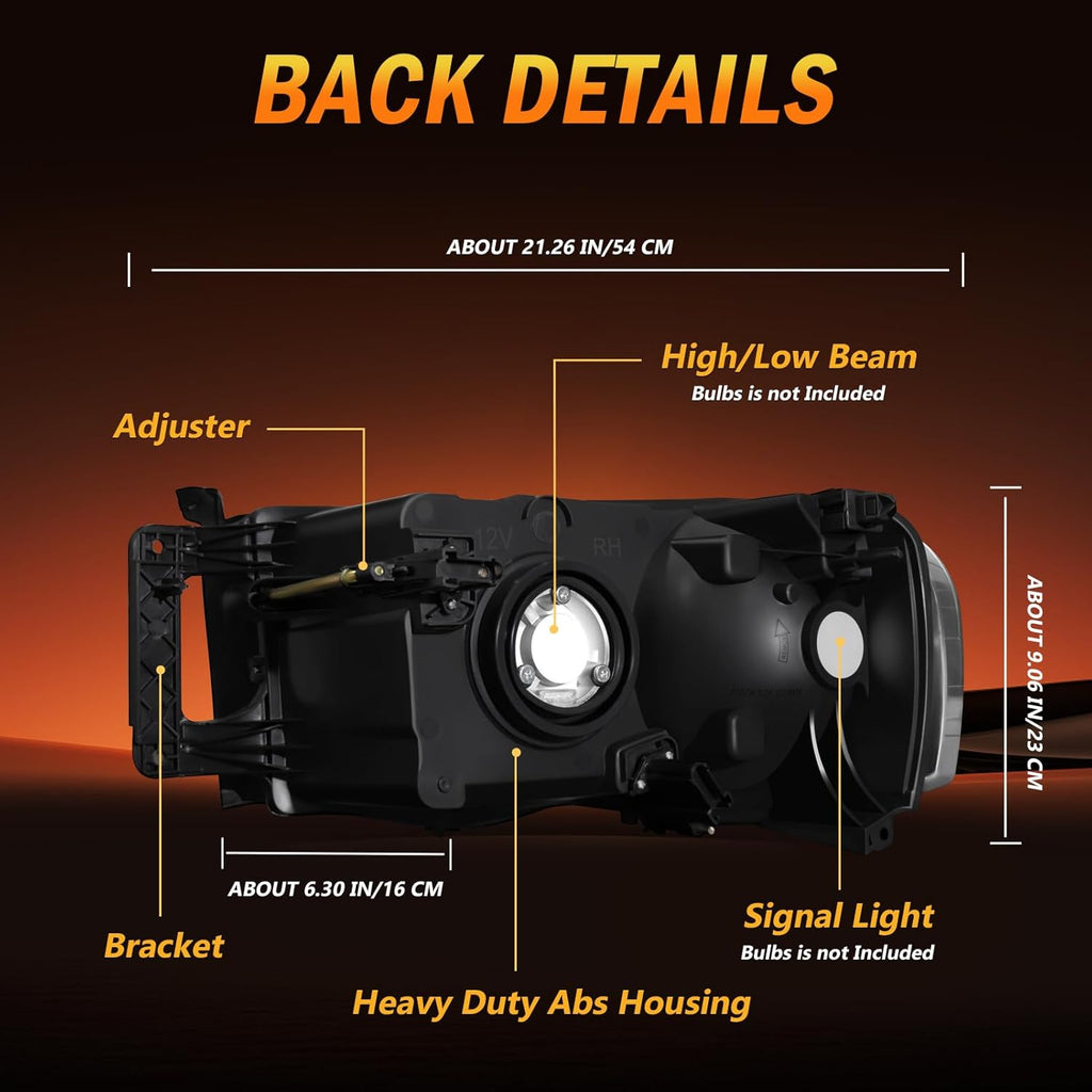 OKSIWA Headlights Assembly for 2002–2005 Dodge Ram 1500 2500 3500, OEM Style Replacement Headlamp Housing, Factory Fit,Plug & Play, No Bulbs Included,Black Trim