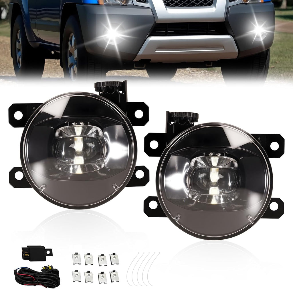 OKSIWA LED Fog Lights Assembly Compatible With 2005-2014 Xterra/2010-2017 Frontier Front Bumper Lamps With Switch Harness and Wiring Kit Clear Lens 1 Pair
