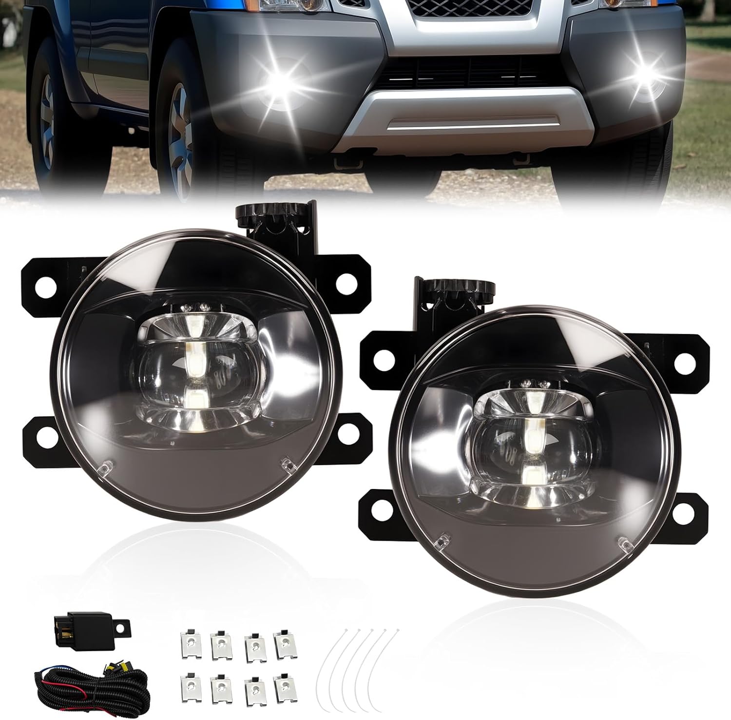 OKSIWA LED Fog Lights Assembly Compatible With 2005-2014 Xterra/2010-2017 Frontier Front Bumper Lamps With Switch Harness and Wiring Kit Clear Lens 1 Pair