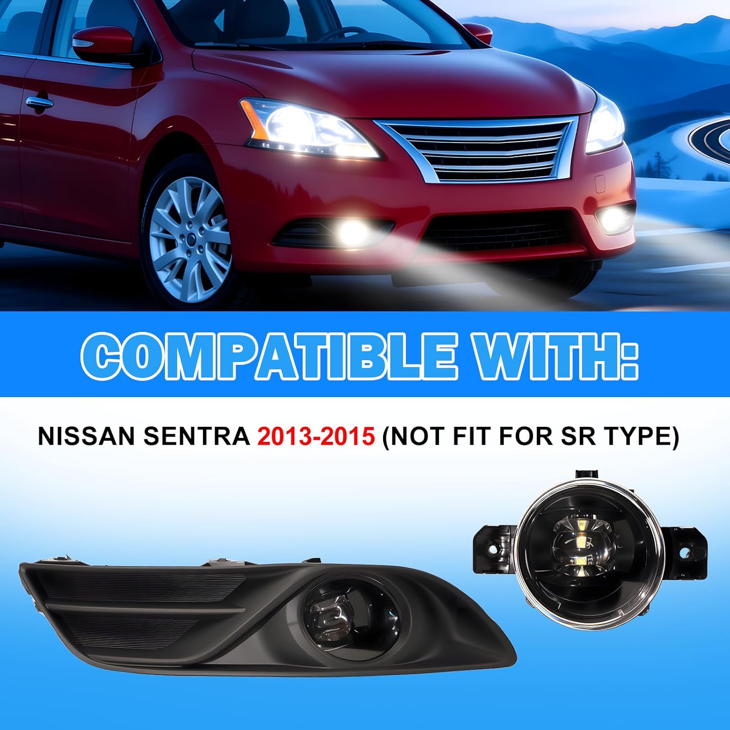 OKSIWA LED Fog Lights Assemblies Compatible With 2013 2014 2015 Nissan Sentra Clear Lens Front Bumper Fog Lights