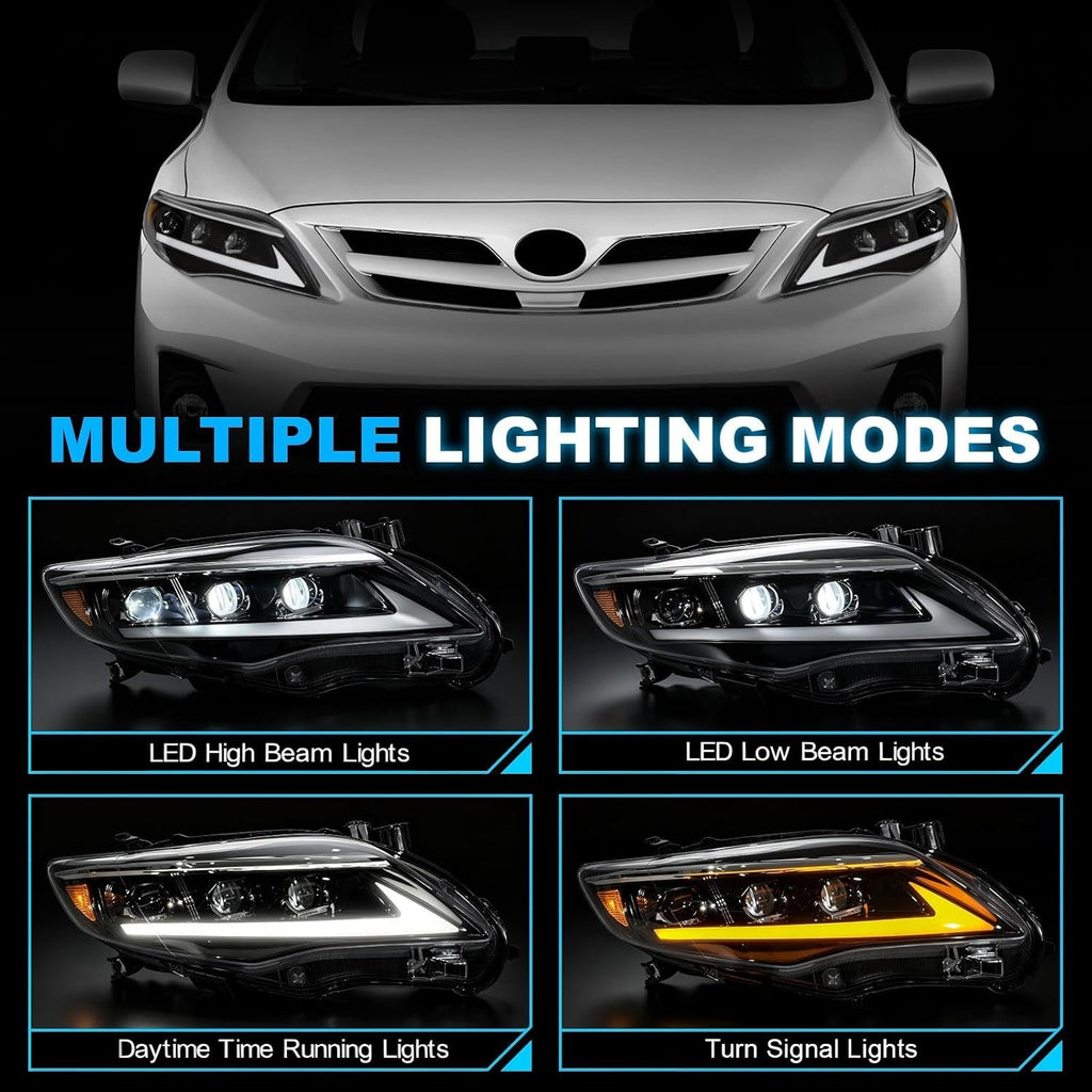 LED Projector Headlights with Startup Animation & Sequential Turn Signal for 2011-2013 Toyota Corolla DRL High Low Beam Clear Lens Waterproof Plug & Play 1 Pair