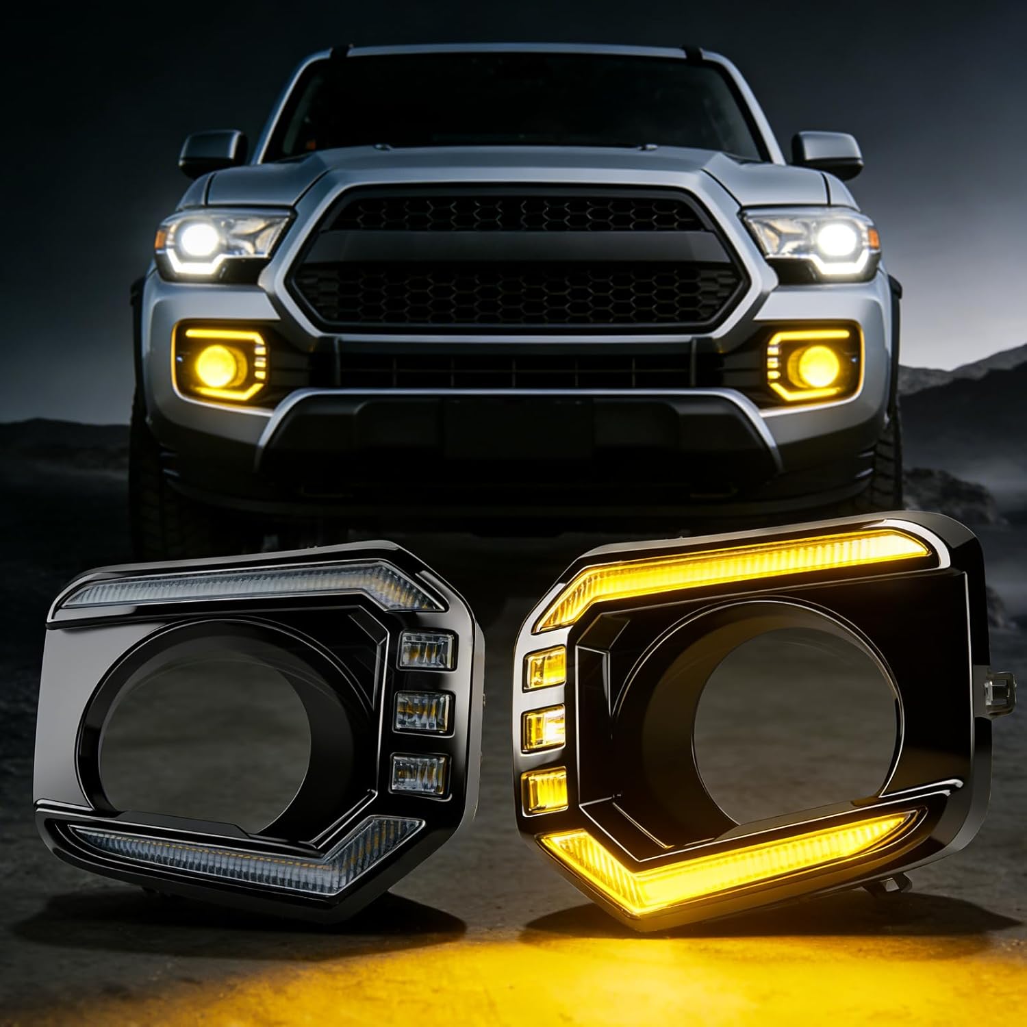 Animated Sequential White/Amber LED DRL Fog Lights Smoked for 2016-2023 Toyota Tacoma Plug & Play 1 Pair
