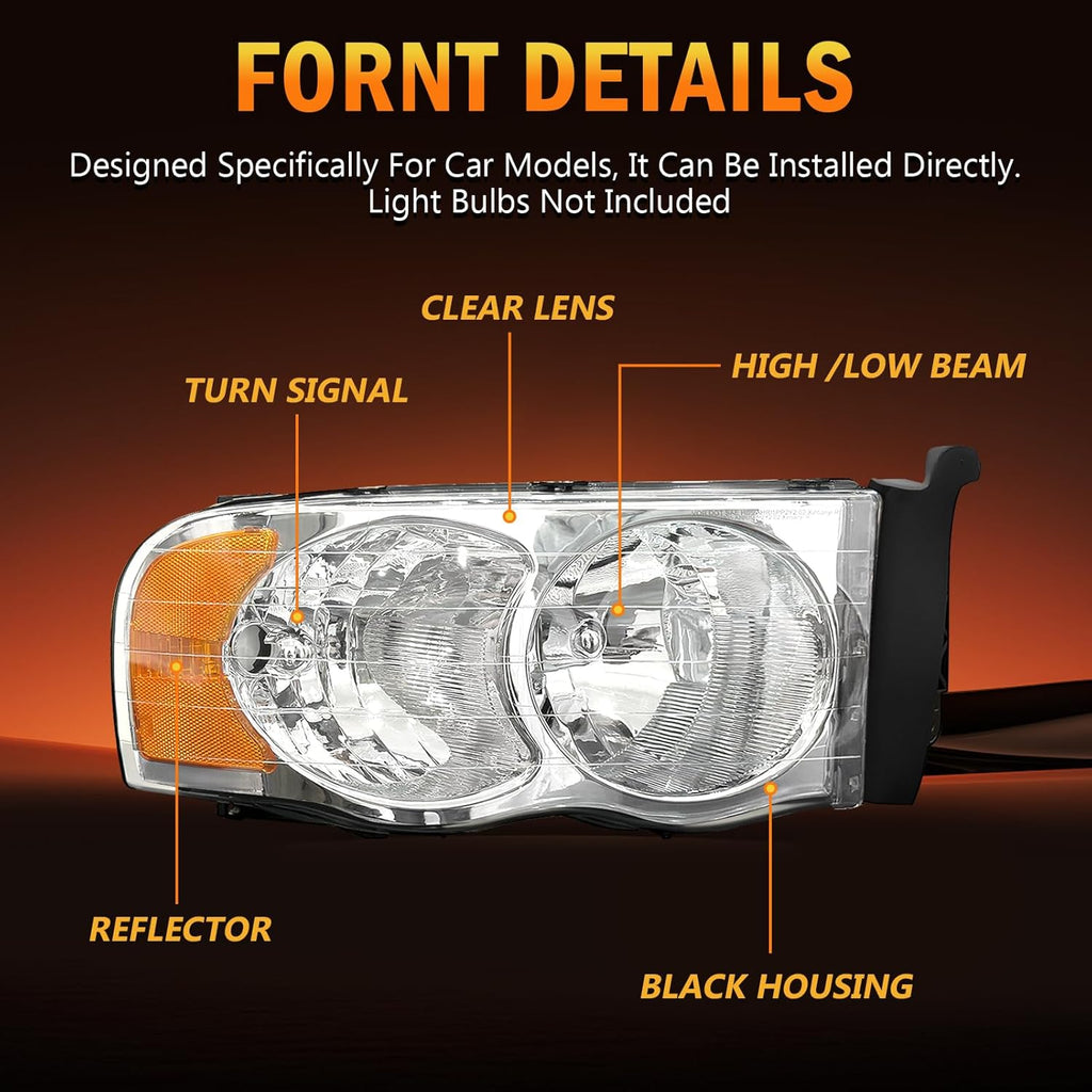 OKSIWA Headlights Assembly for 2002–2005 Dodge Ram 1500 2500 3500, OEM Style Replacement Headlamp Housing, Factory Fit,Plug & Play, No Bulbs Included,Clear Trim