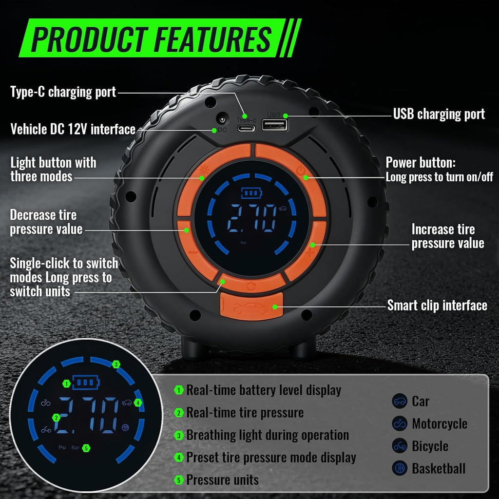 Jump Starter with Tire Inflator, 8000mAh Car Battery Jumper, 150PSI Air Compressor, Power Bank & LED Light for Cars Trucks Bikes