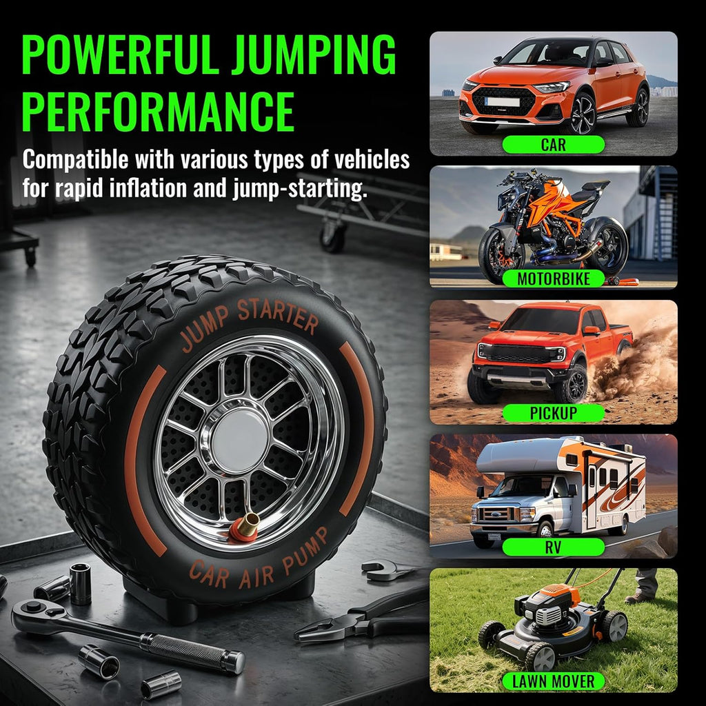 Jump Starter with Tire Inflator, 8000mAh Car Battery Jumper, 150PSI Air Compressor, Power Bank & LED Light for Cars Trucks Bikes