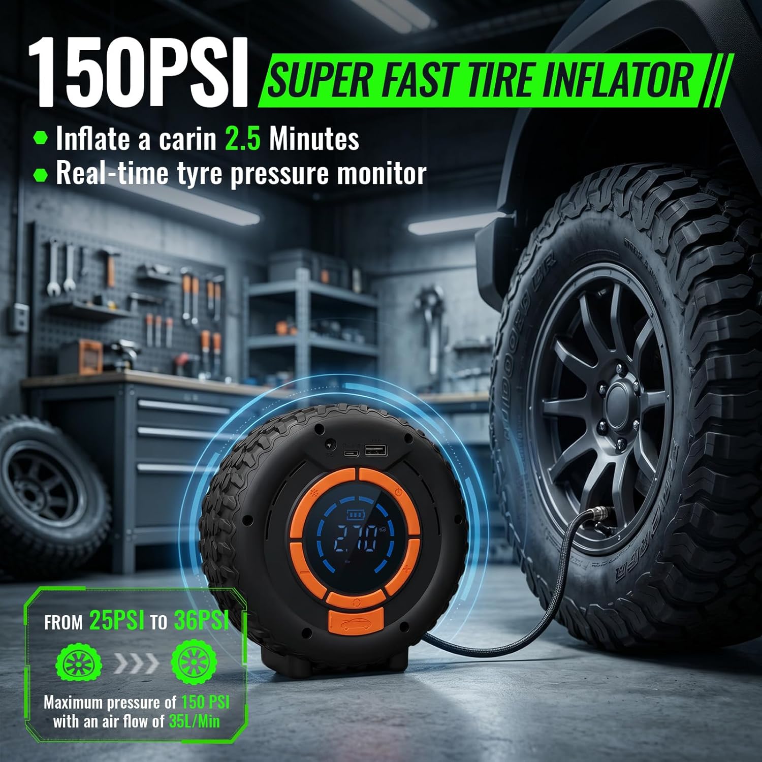 Jump Starter with Tire Inflator, 8000mAh Car Battery Jumper, 150PSI Air Compressor, Power Bank & LED Light for Cars Trucks Bikes