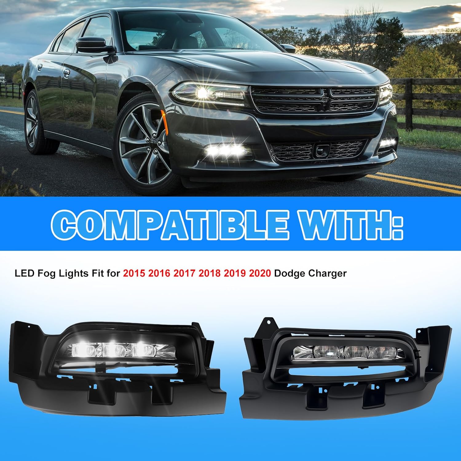 OKSIWA LED Fog Lights Assembly Compatible With 2015 2016 2017 2018 2019 2020 Dodge Charger Front Bumper Driving Fog Lamp Fog Light Kits